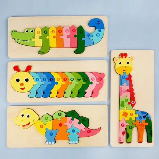 Wooden 3D Numbers and Colors Cognition Animal Jigsaw Puzzle